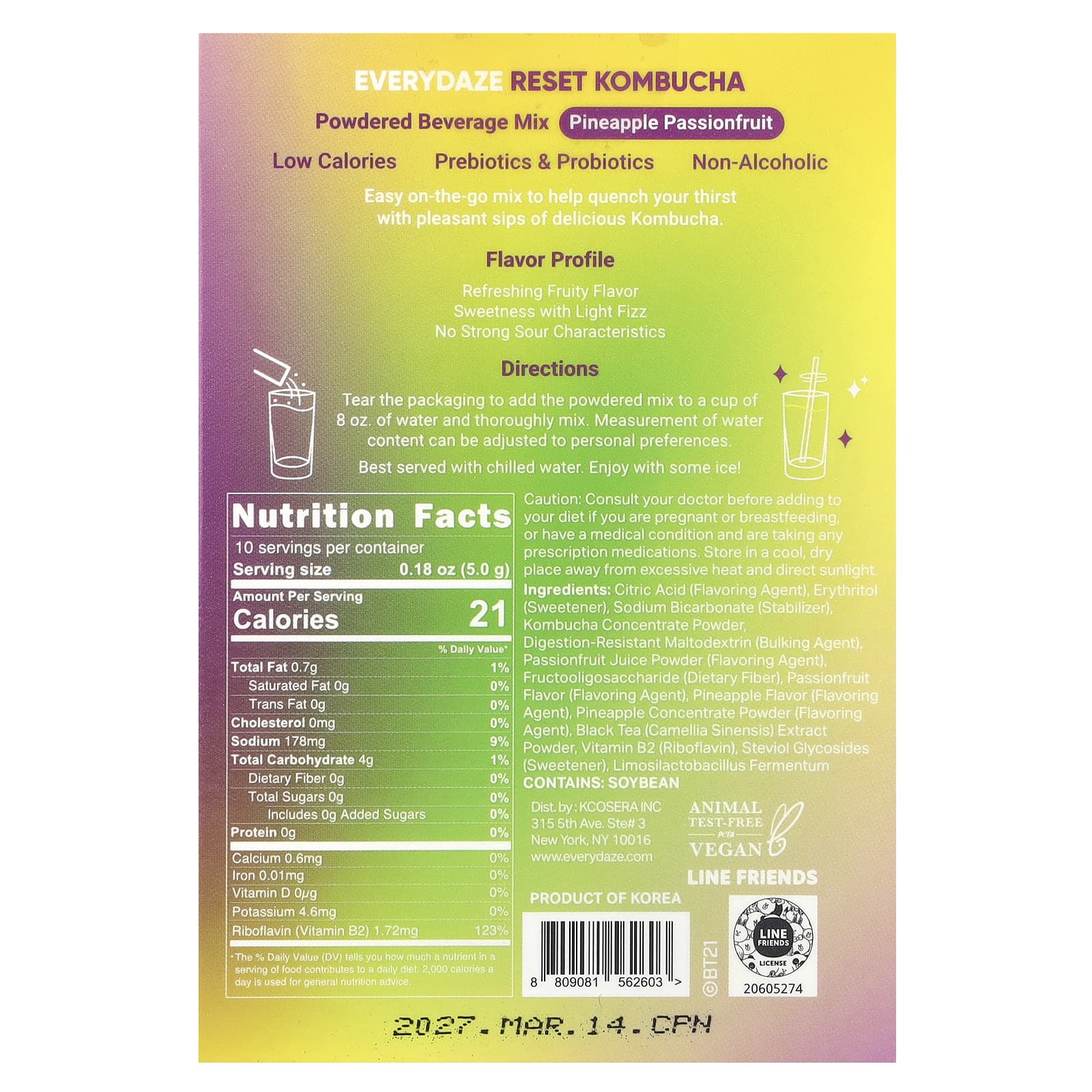 Everydaze, Reset Kombucha, Powdered Beverage Mix, Pineapple Passionfruit, 10 Packets, 0.18 oz (5 g) Each