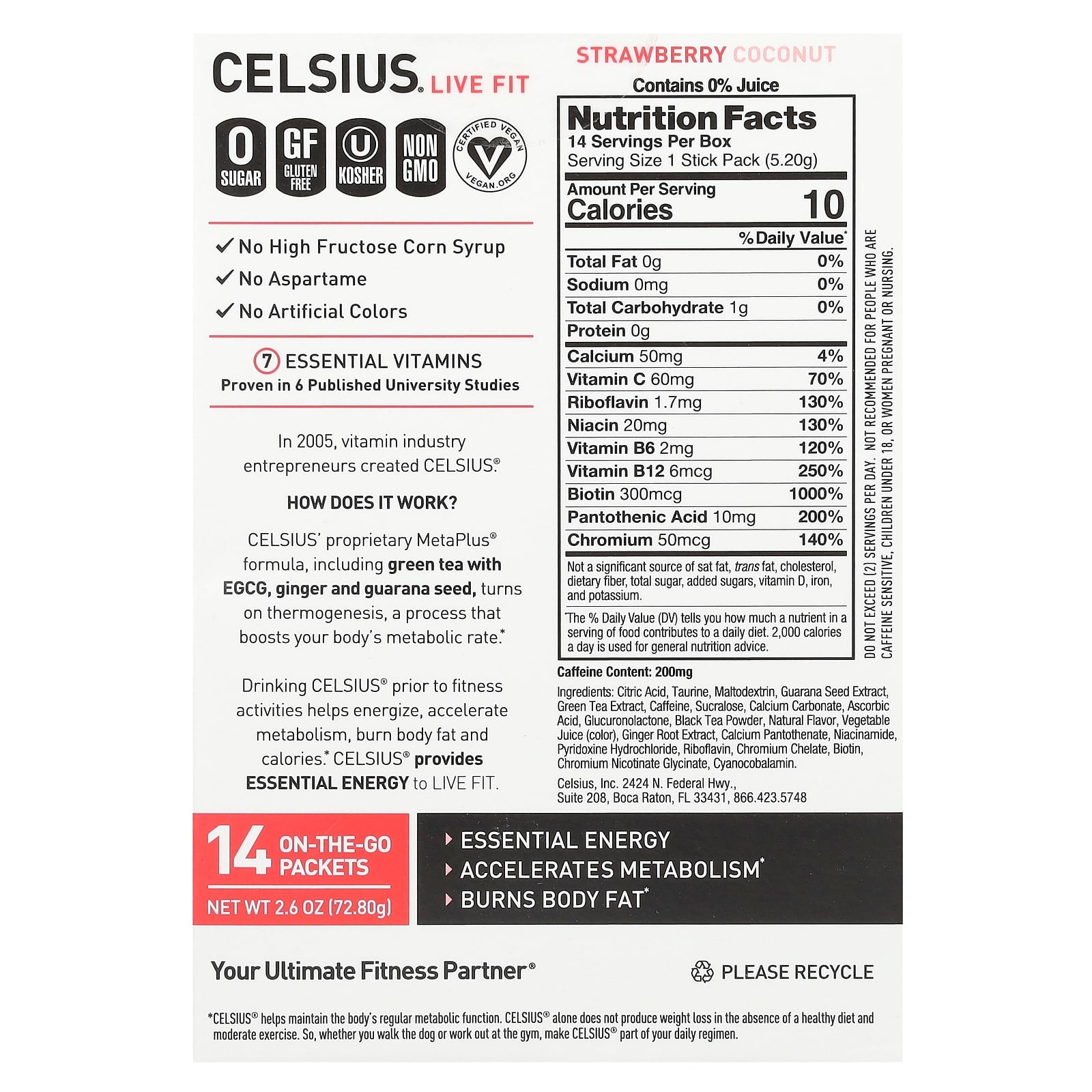 Celsius, Live Fit, Strawberry Coconut, 14 On-The-Go Packets, 0.18 oz (5.2 g) Each