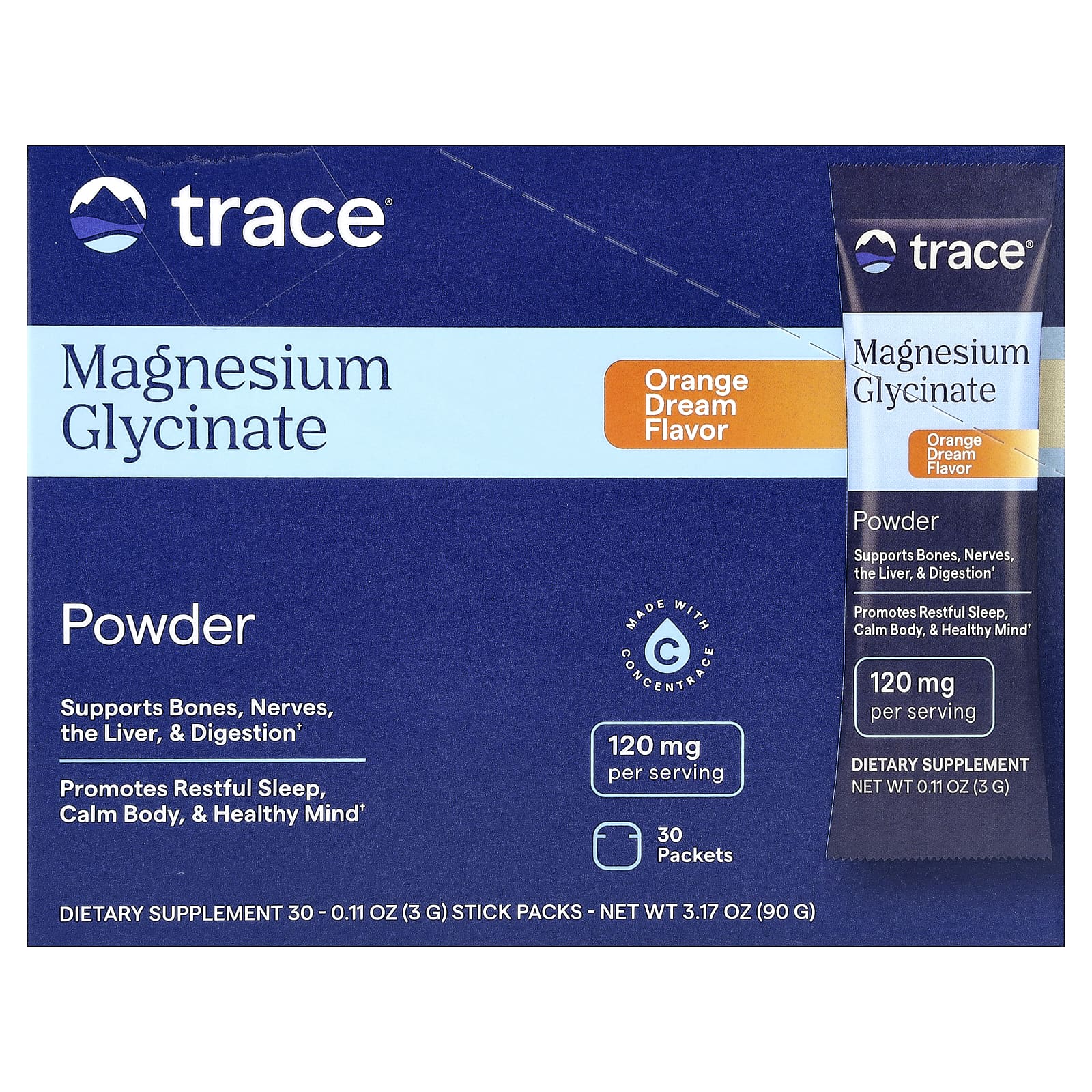 Trace, Magnesium Glycinate Powder, Orange Dream, 30 Packets, 0.11 oz (3 g) Each