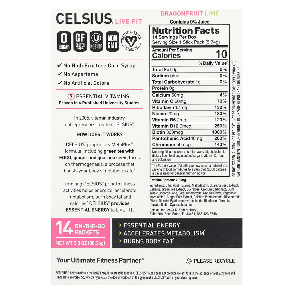 Celsius, Live Fit, Dragonfruit Lime, 14 On-The-Go Packets, 0.2 oz (5.74 g) Each