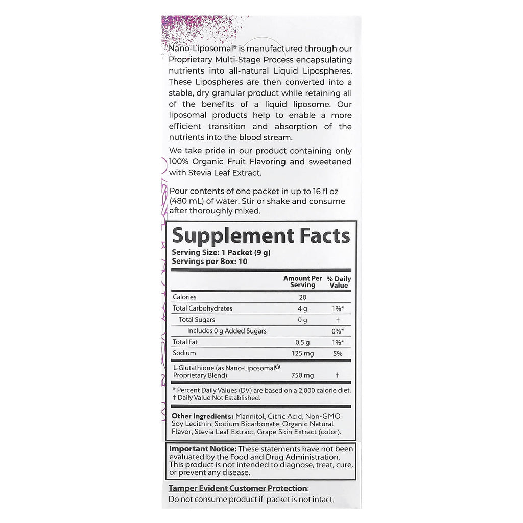 Aurora Nutrascience, Nano-Liposomal®, Glutathione, Liposomal Drink Mix, 10 Packets, 0.32 oz (9 g) Each