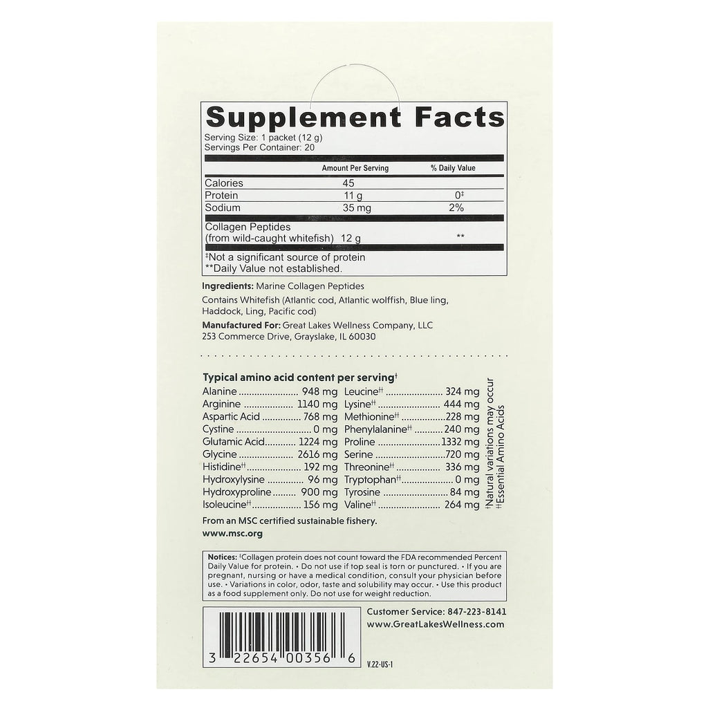 Great Lakes Wellness, Quick Dissolve Collagen Peptides, Daily Marine, Unflavored, 20 Packets, 0.42 oz (12 g) Each