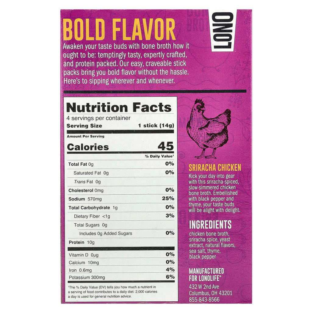 Lonolife, Sipping Bone Broth, Sriracha Chicken, 4 Single Serve Sticks, 0.49 oz (14 g) Each