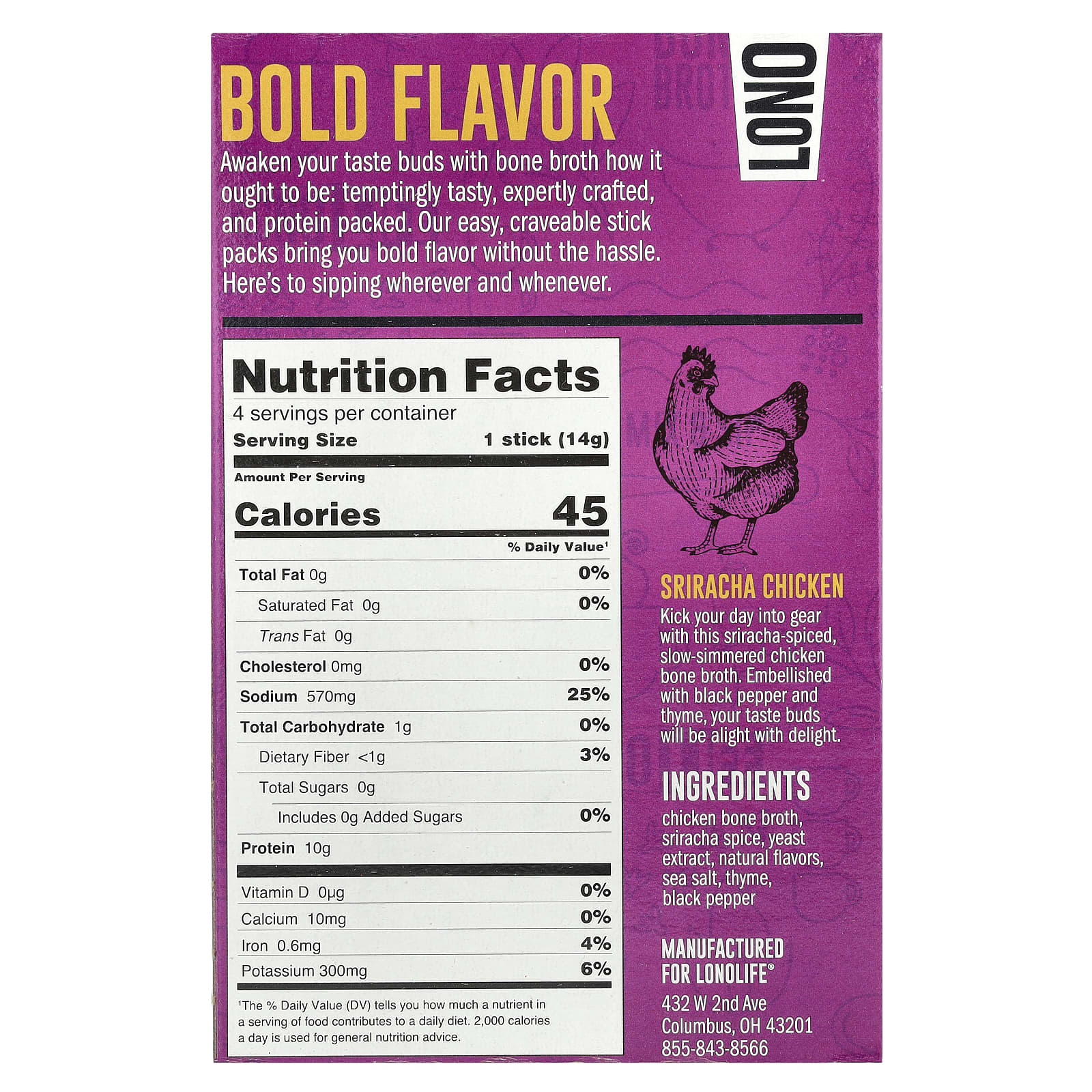 Lonolife, Sipping Bone Broth, Sriracha Chicken, 4 Single Serve Sticks, 0.49 oz (14 g) Each