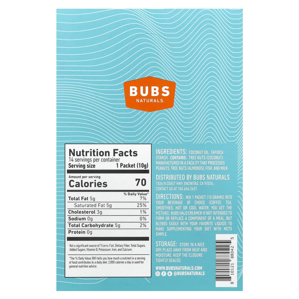 BUBS Naturals, Halo Functional Creamer, MCT Oil Powder, Unflavored, 14 Packets, 0.35 oz (10 g) Each