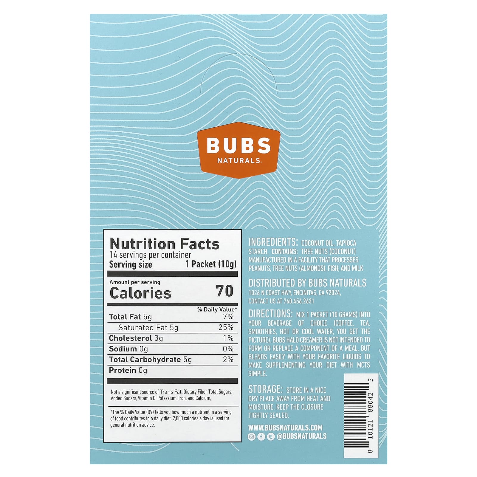 BUBS Naturals, Halo Functional Creamer, MCT Oil Powder, Unflavored, 14 Packets, 0.35 oz (10 g) Each