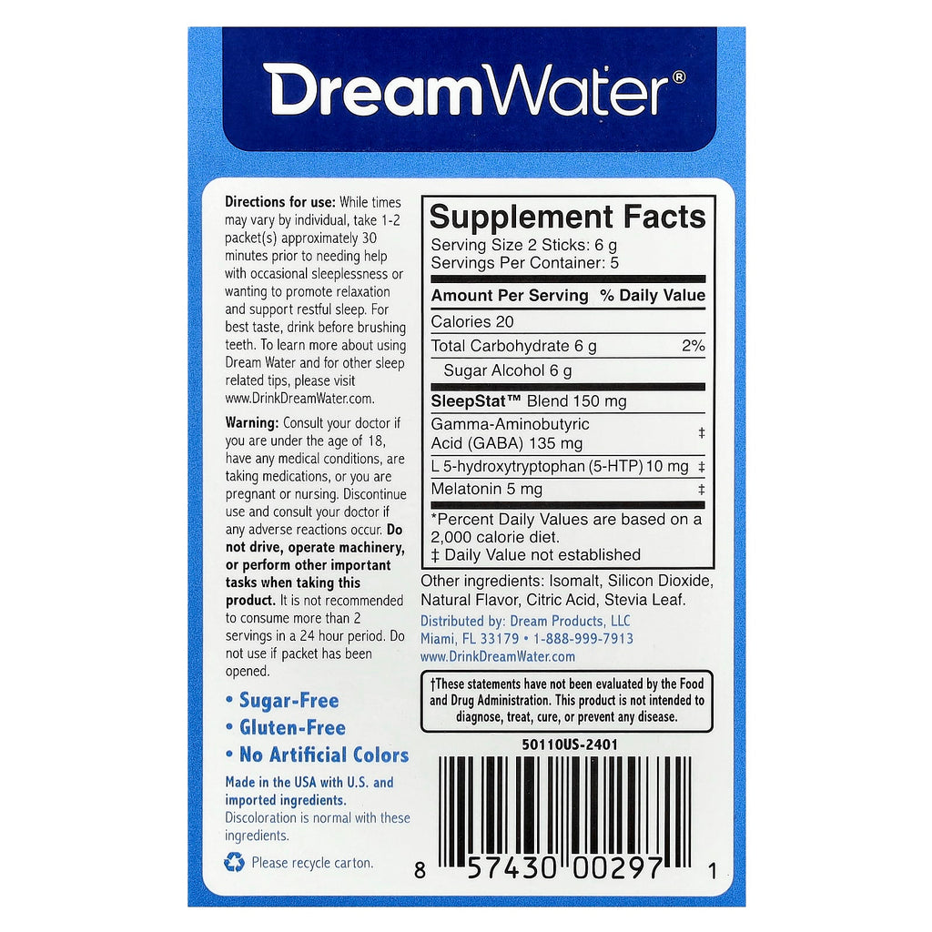 Dream Water, Original Sleep Powder with SleepStat™ Blend, Snoozeberry, 10 Stick Packs, 0.1 oz (3 g) Each