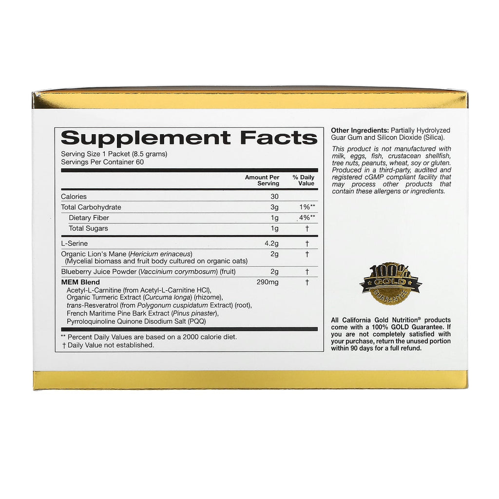 California Gold Nutrition, MEM Food, Memory & Cognitive Support with MEM Blend, L-Serine, Organic Lion's Mane and Blueberry Juice Powder, 60 Packets, 0.3 oz (8.5 g) Each