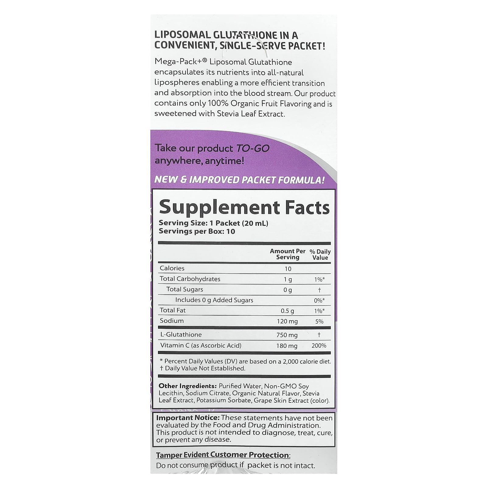 Aurora Nutrascience, Mega-Pack+®, Liposomal Glutathione, 10 Packets, 0.68 fl oz (20 ml) Each