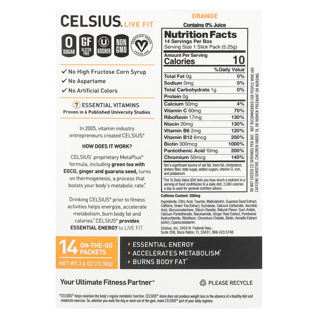 Celsius, Live Fit, Orange, 14 On-The-Go Packets, 0.19 oz (5.25 g) Each