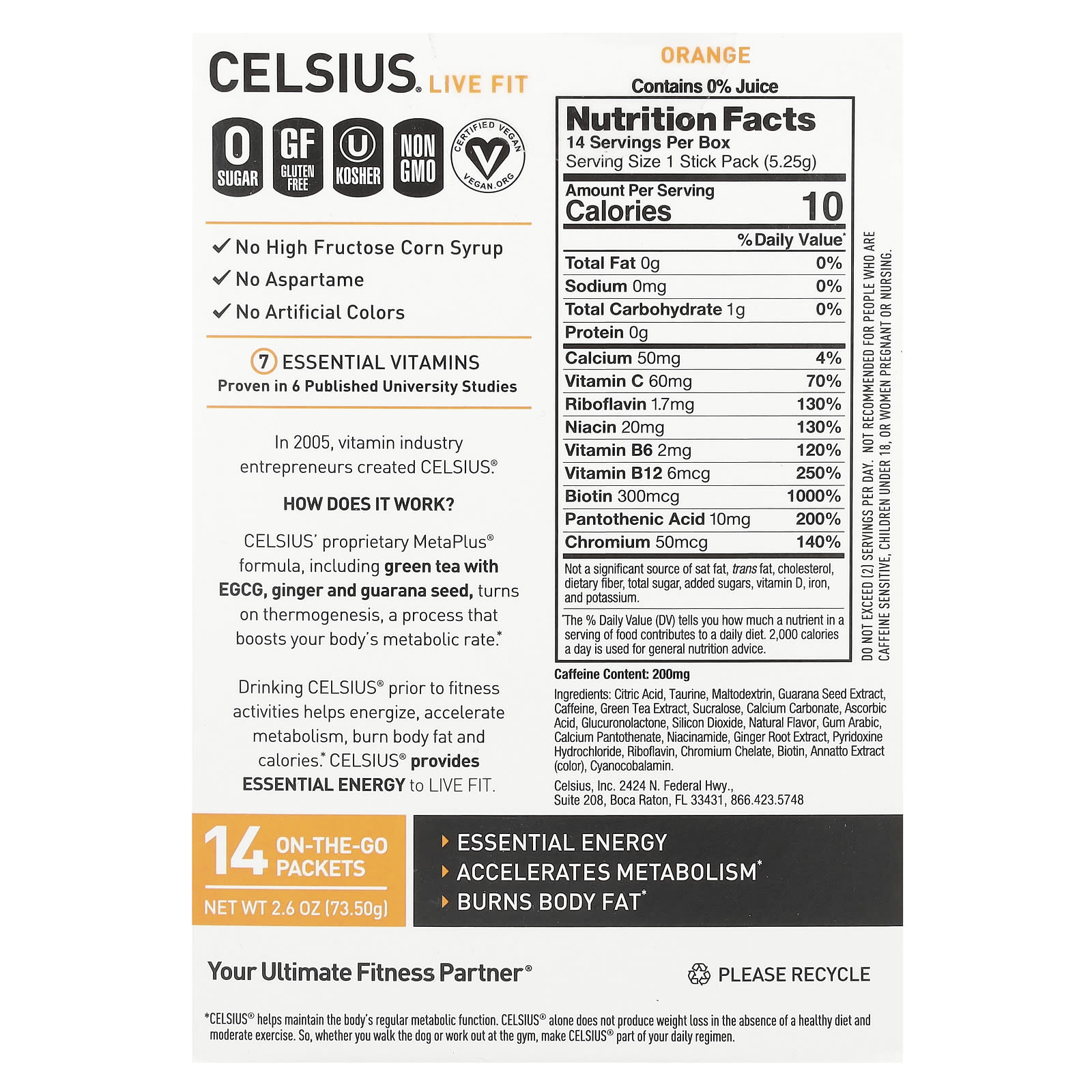 Celsius, Live Fit, Orange, 14 On-The-Go Packets, 0.19 oz (5.25 g) Each