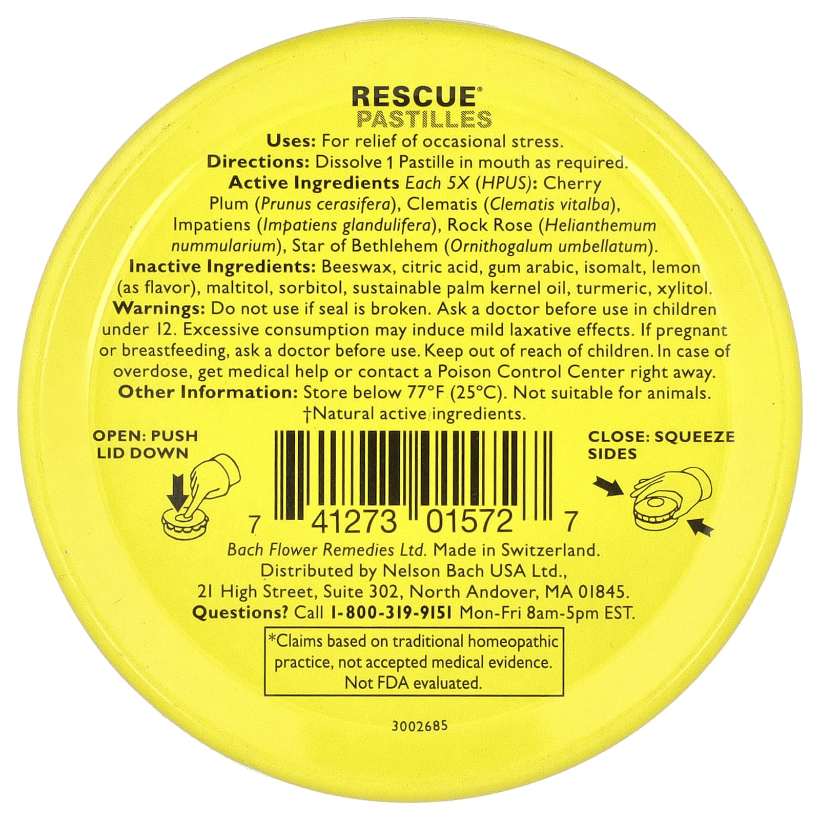 Bach, Rescue® Pastilles, Natural Stress Relief, Lemon, 35 Pastilles, 1.7 oz (50 g)