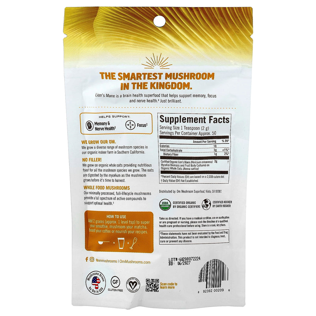 Om Mushrooms, Lion's Mane, Mushroom Powder, 3.5 oz (100 g)