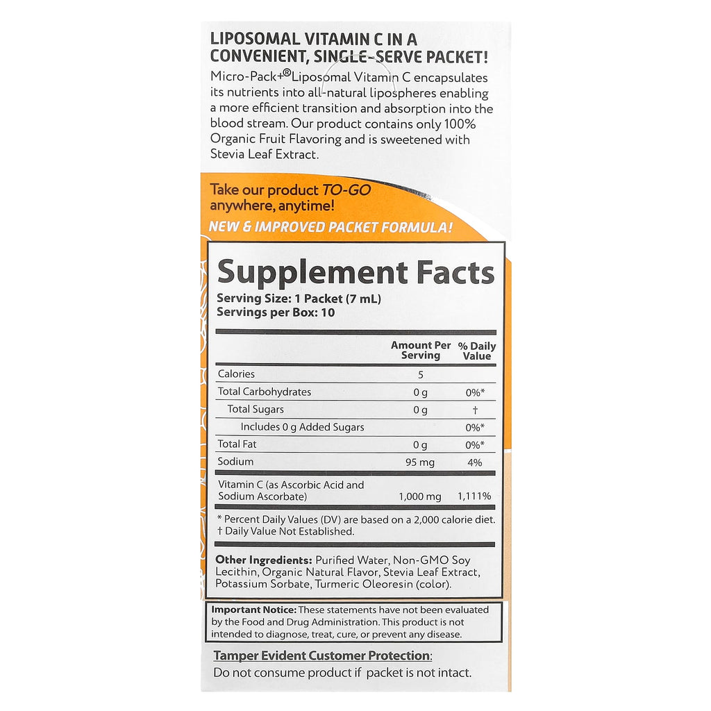 Aurora Nutrascience, Micro-Pack+®, Liposomal Vitamin C, 10 Packets, 0.24 fl oz (7 ml) Each