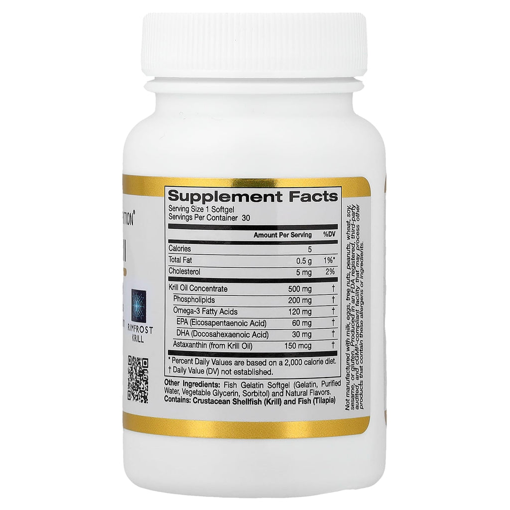 California Gold Nutrition, Antarctic Krill Oil, Omega-3 Phospholipids Complex with EPA, DHA, and Astaxanthin, Natural Strawberry and Lemon, 500 mg, 30 Fish Gelatin Softgels