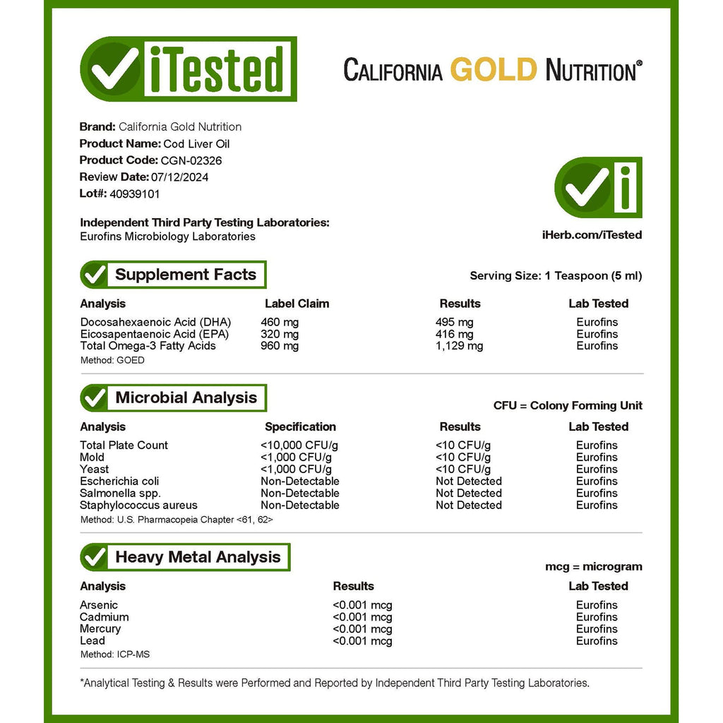 California Gold Nutrition, Cod Liver Oil with Omega-3 Fatty Acids, EPA, DHA, Vitamins A and D, Norwegian, Triglyceride Form, Natural Lemon, 6.7 fl oz (200 ml)