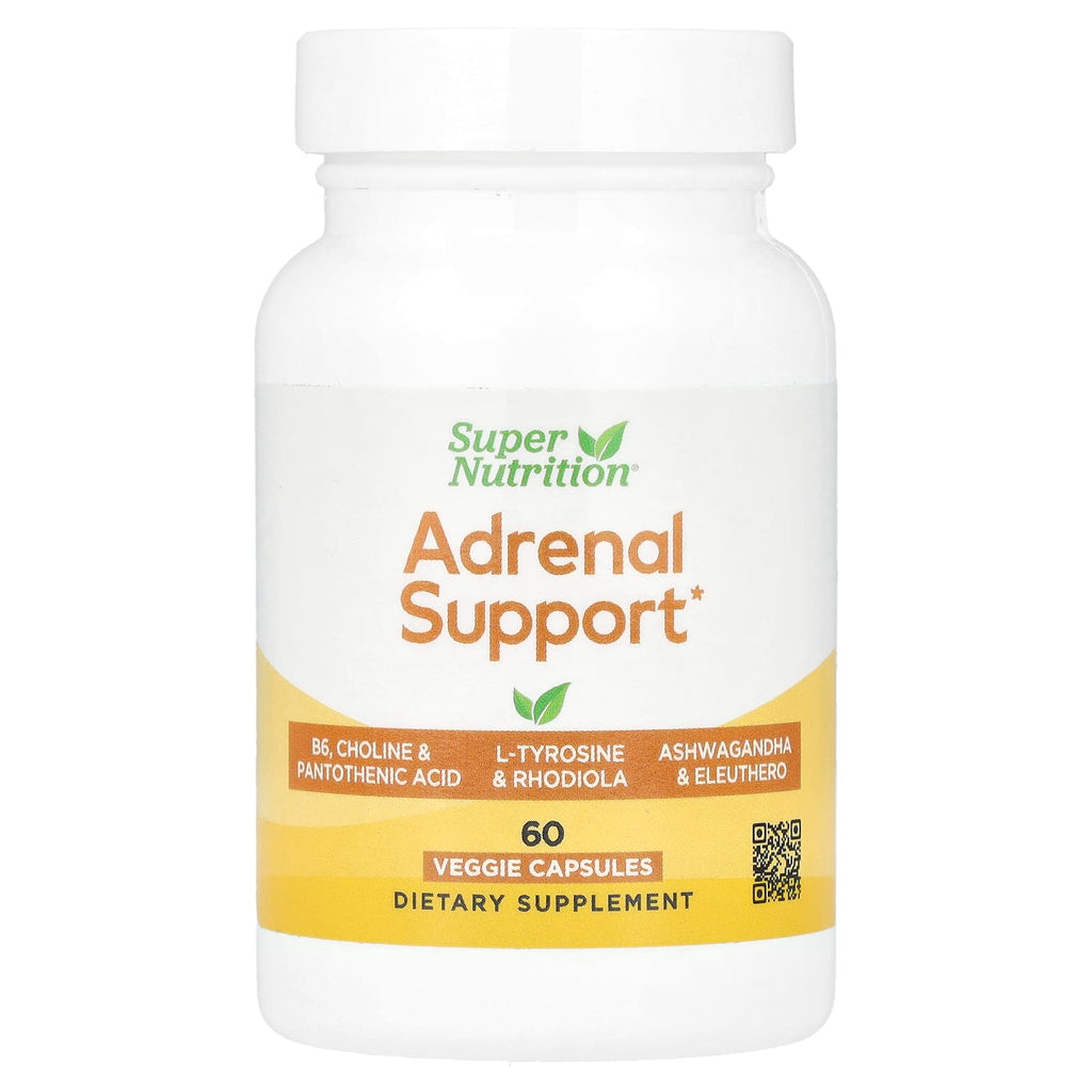 Super Nutrition, Adrenal Support with L-Tyrosine, Rhodiola Extract, Ashwagandha Extract, and Eleuthero Extract, 60 Veggie Capsules