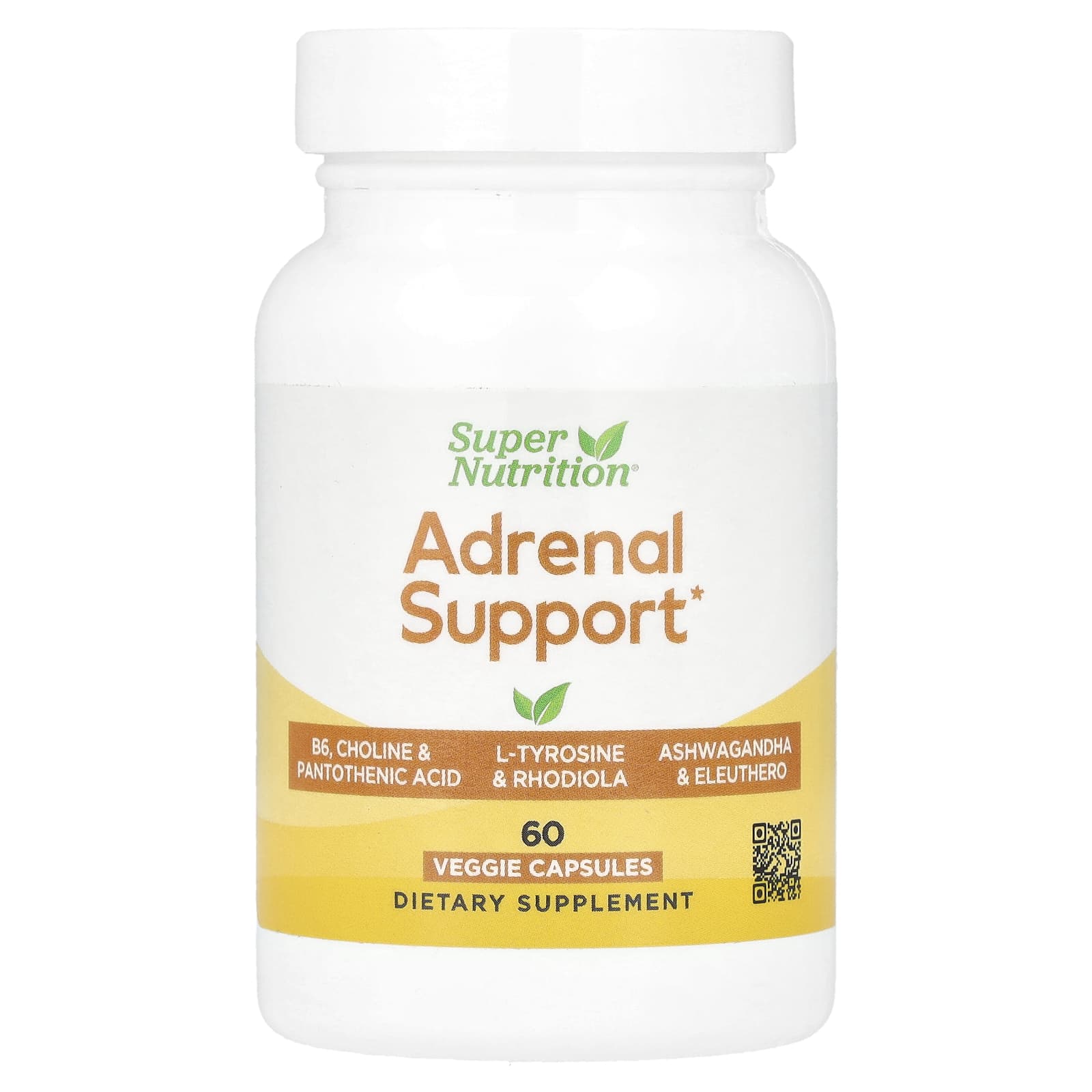 Super Nutrition, Adrenal Support with L-Tyrosine, Rhodiola Extract, Ashwagandha Extract, and Eleuthero Extract, 60 Veggie Capsules