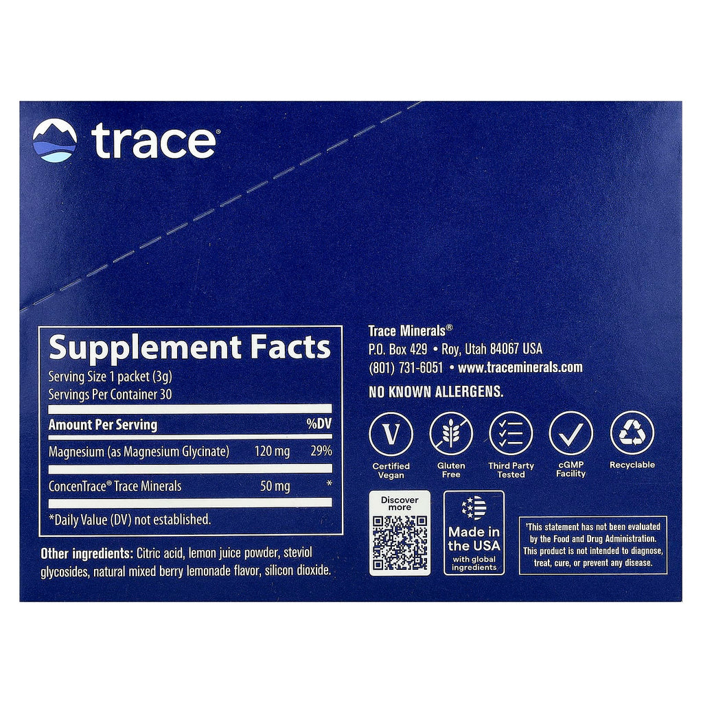 Trace, Magnesium Glycinate Powder, Mixed Berry Lemonade, 30 Stick Packs, 0.11 oz (3 g) Each
