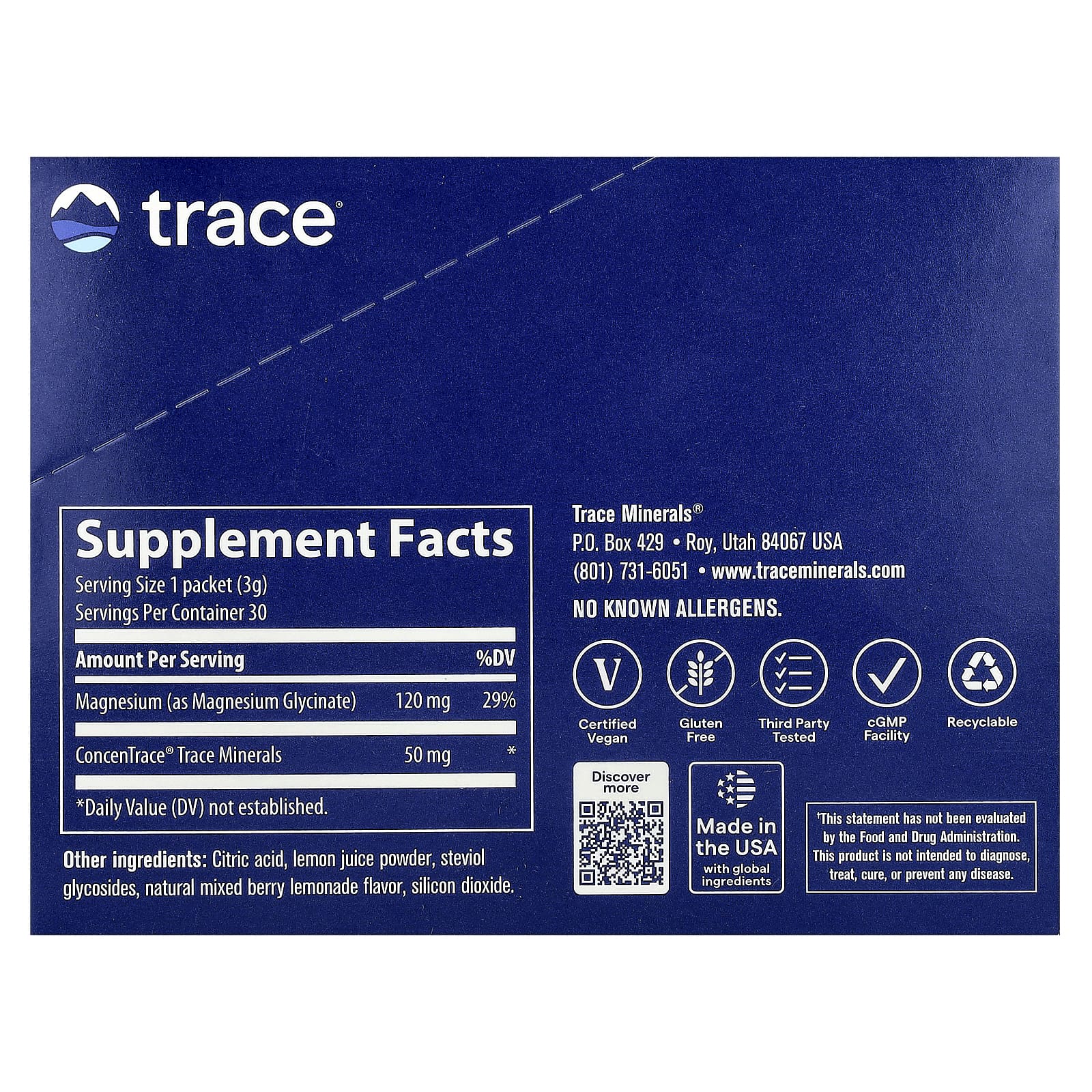 Trace, Magnesium Glycinate Powder, Mixed Berry Lemonade, 30 Stick Packs, 0.11 oz (3 g) Each