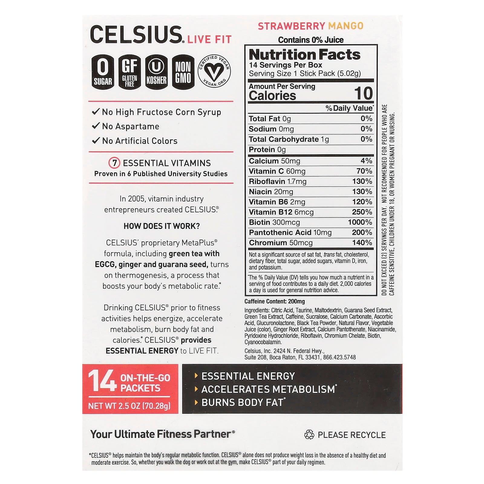 Celsius, Live Fit, Strawberry Mango, 14 On-The-Go-Packets, 0.18 oz (5.02 g) Each