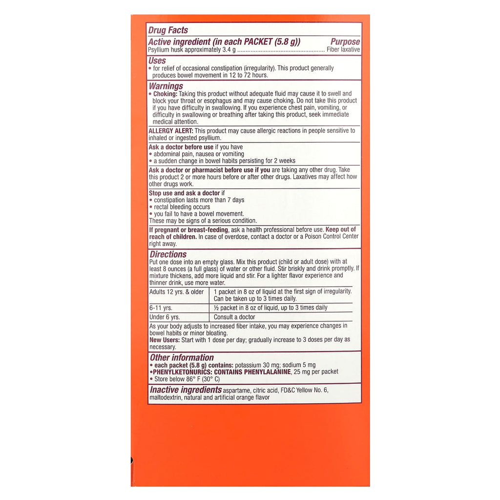 Metamucil, On-The-Go, 4-in-1 Fiber, Orange, Sugar Free, 30 Powder Packets, 0.21 oz (5.8 g) Each