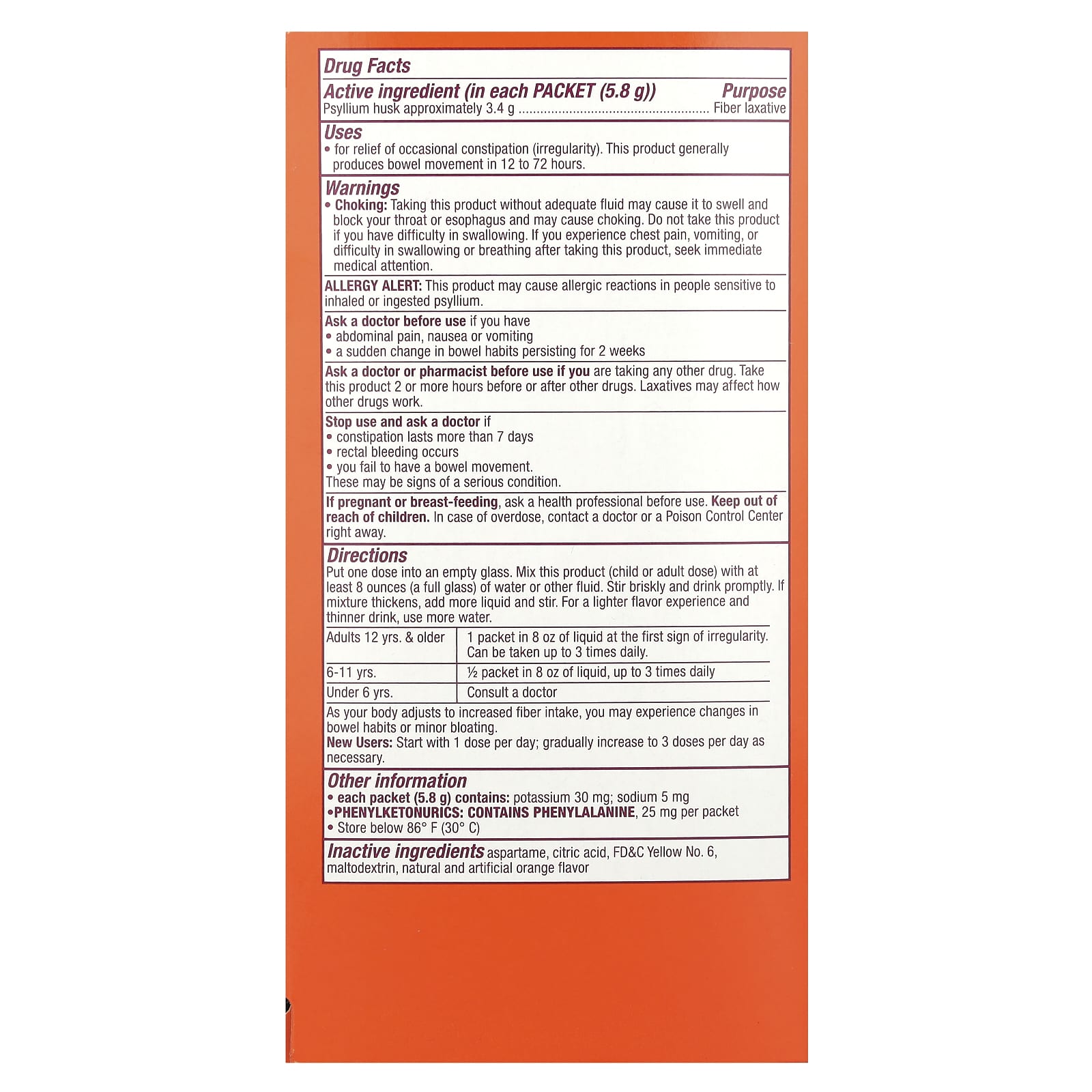 Metamucil, On-The-Go, 4-in-1 Fiber, Orange, Sugar Free, 30 Powder Packets, 0.21 oz (5.8 g) Each