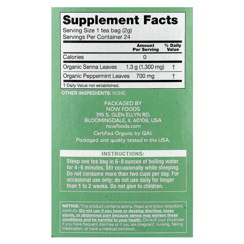 NOW Foods, Organic Senna Mint Tea, Caffeine Free, 24 Tea Bags, 1.7 oz (48 g)