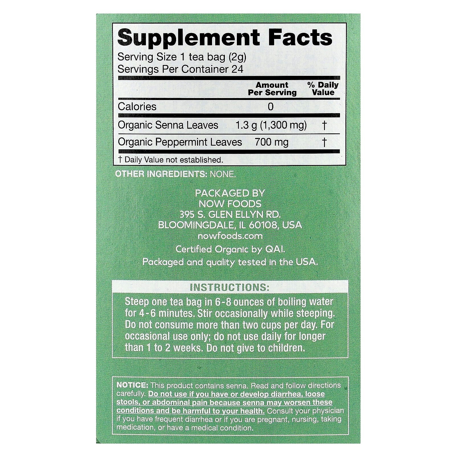 NOW Foods, Organic Senna Mint Tea, Caffeine Free, 24 Tea Bags, 1.7 oz (48 g)