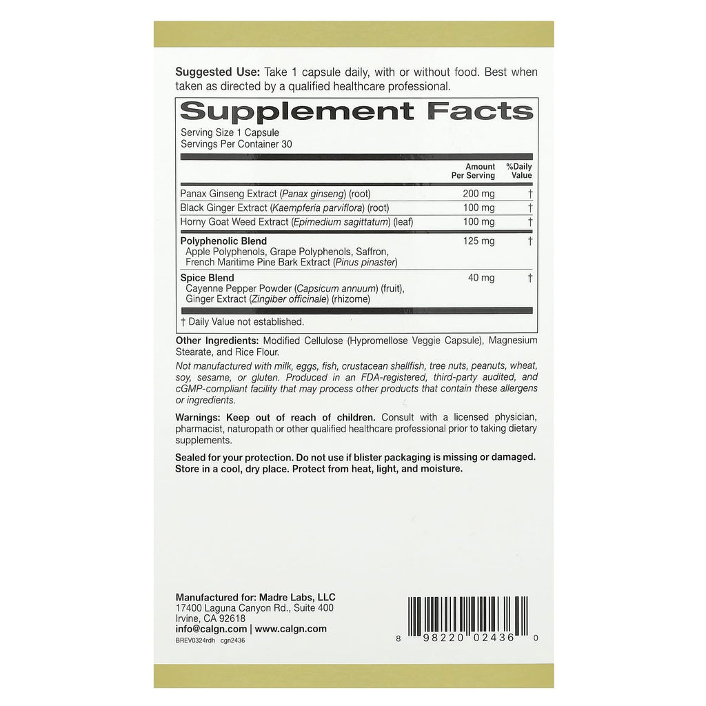 California Gold Nutrition, Rexdrive™ Men's Herbal Performance Formula with Panax Ginseng, Black Ginger, and Horny Goat Weed Extracts plus Botanical Blends, 30 Veggie Capsules