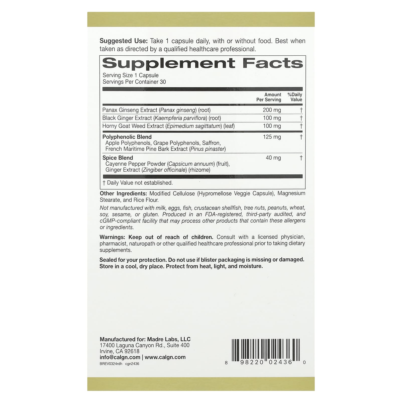 California Gold Nutrition, Rexdrive™ Men's Herbal Performance Formula with Panax Ginseng, Black Ginger, and Horny Goat Weed Extracts plus Botanical Blends, 30 Veggie Capsules