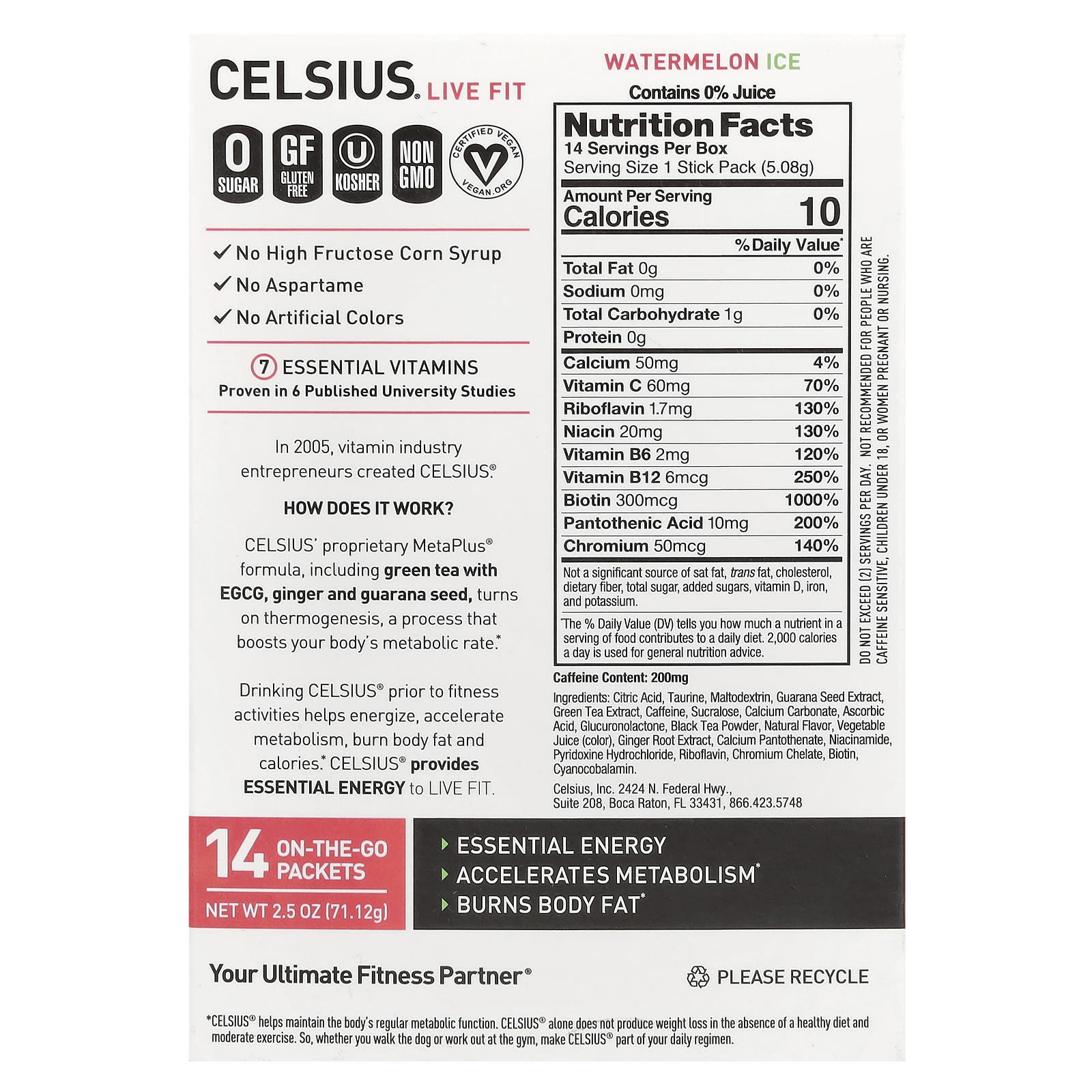 Celsius, Live Fit, Watermelon Ice, 14 On-The-Go-Packets, 0.18 oz (5.08 g) Each