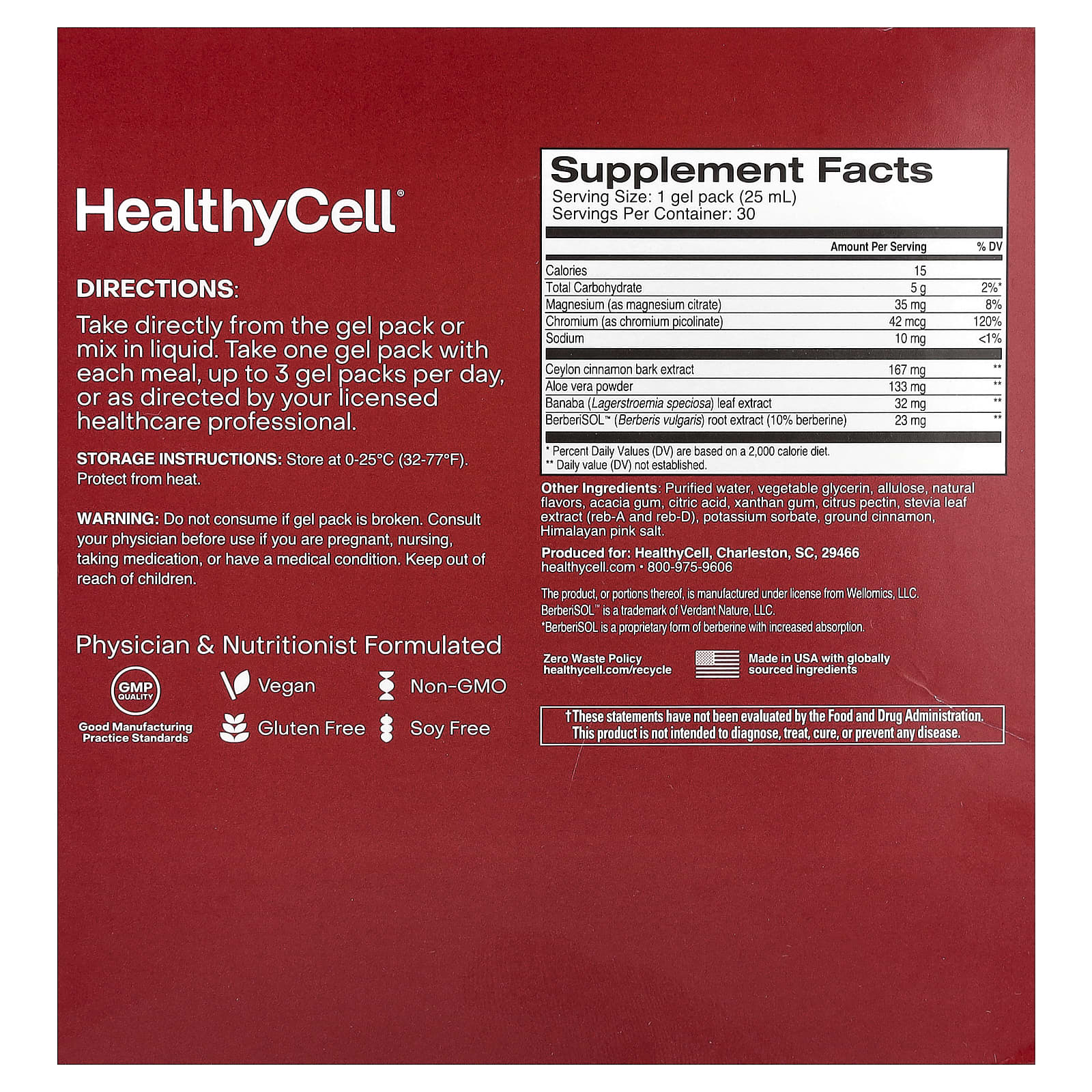 HealthyCell, Glucose Support, Apple Cinnamon, 30 Gel Packs, 0.84 fl oz ( 25 ml)
