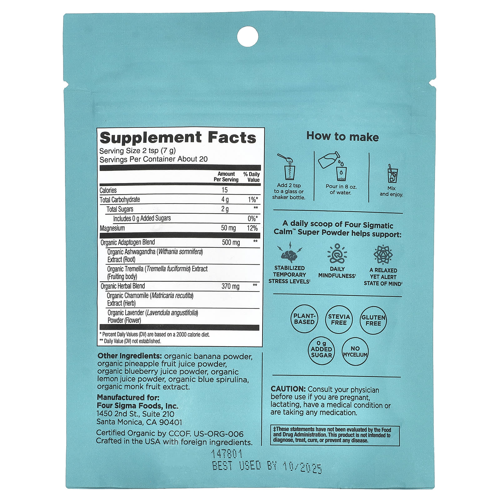 Four Sigmatic, Calm Organic Super Powder with Ashwaganda & Tremella Mushroom, Blueberry & Lavender , 4.94 oz (140 g)