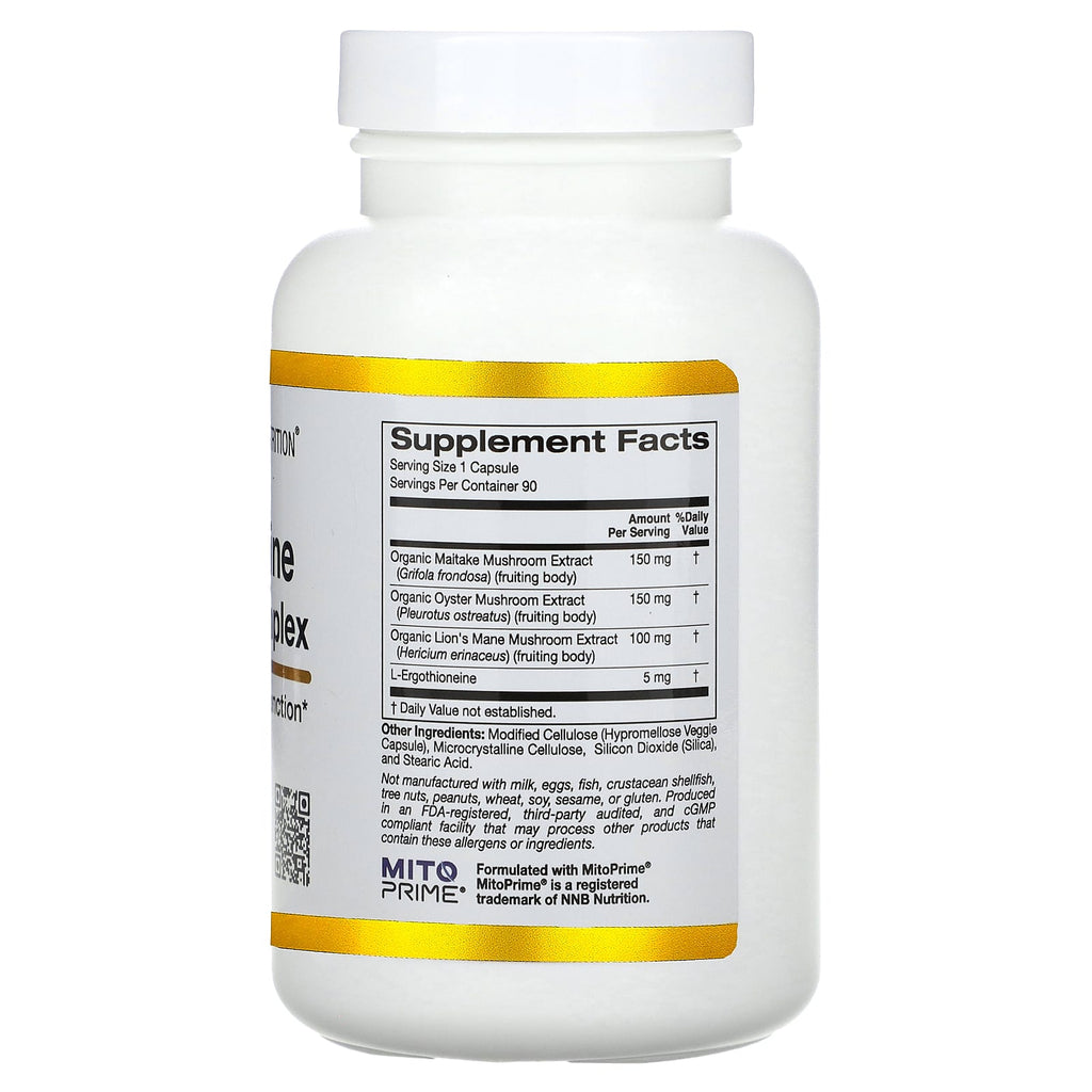 California Gold Nutrition, Ergothioneine Mushroom Complex with Organic Maitake, Organic Oyster, Organic Lion's Mane Mushroom Extracts and L-Ergothioneine, 90 Veggie Capsules