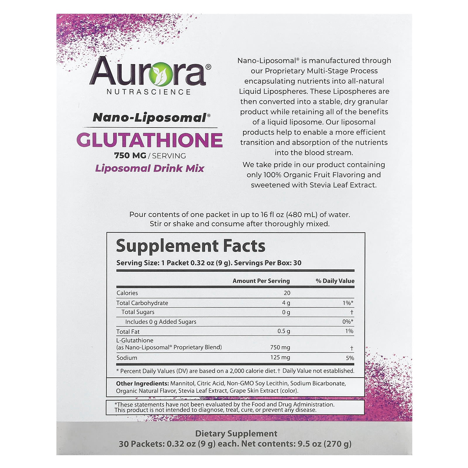 Aurora Nutrascience, Nano-Liposomal®, Glutathione, Liposomal Drink Mix, 30 Packets, 0.32 oz (9 g) Each