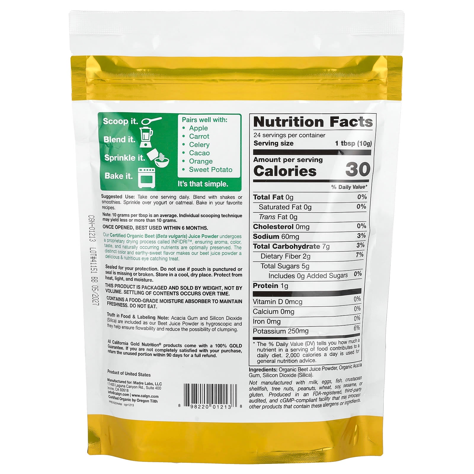 California Gold Nutrition, Superfoods, Organic Beet Juice Powder, 8.5 oz (240 g)