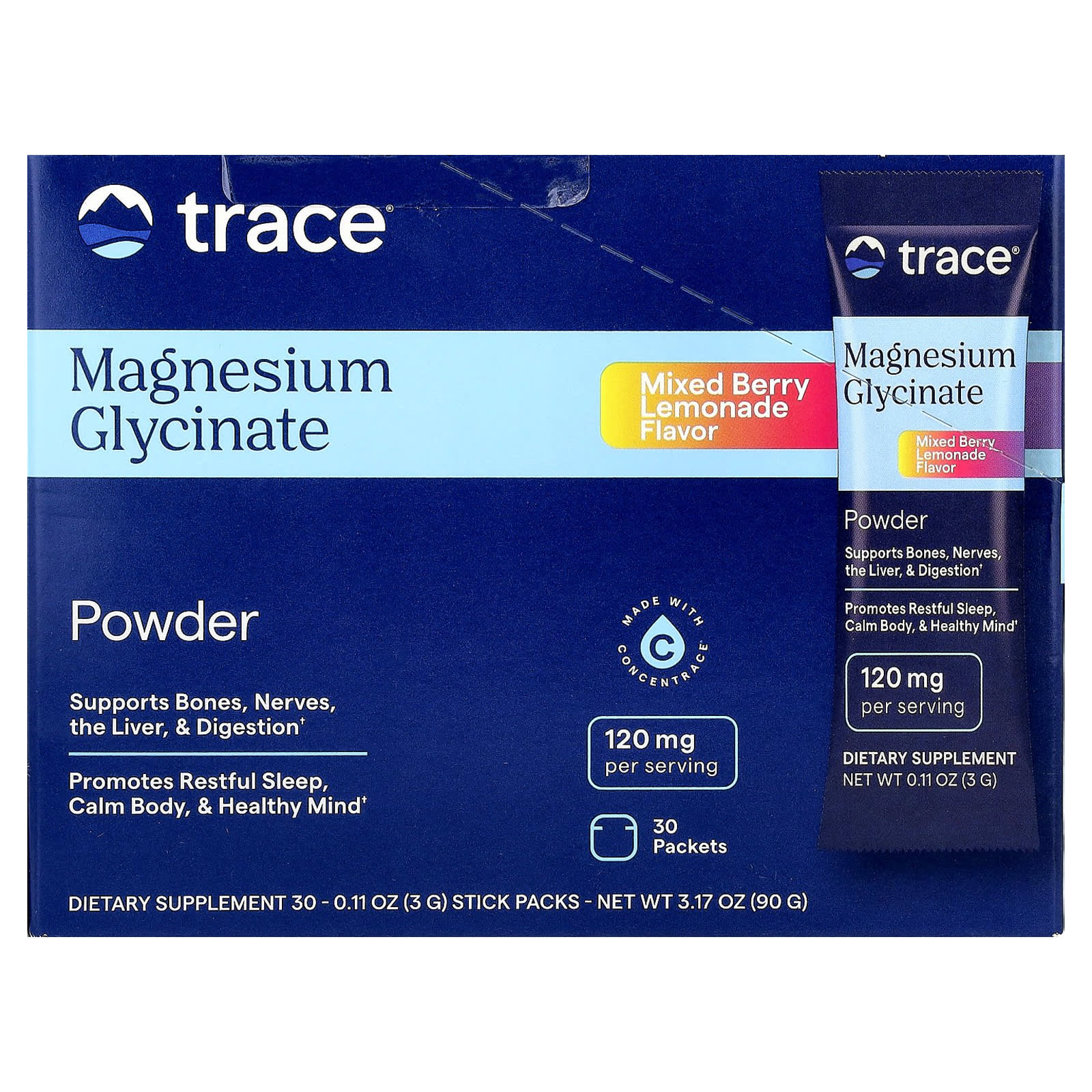 Trace, Magnesium Glycinate Powder, Mixed Berry Lemonade, 30 Stick Packs, 0.11 oz (3 g) Each