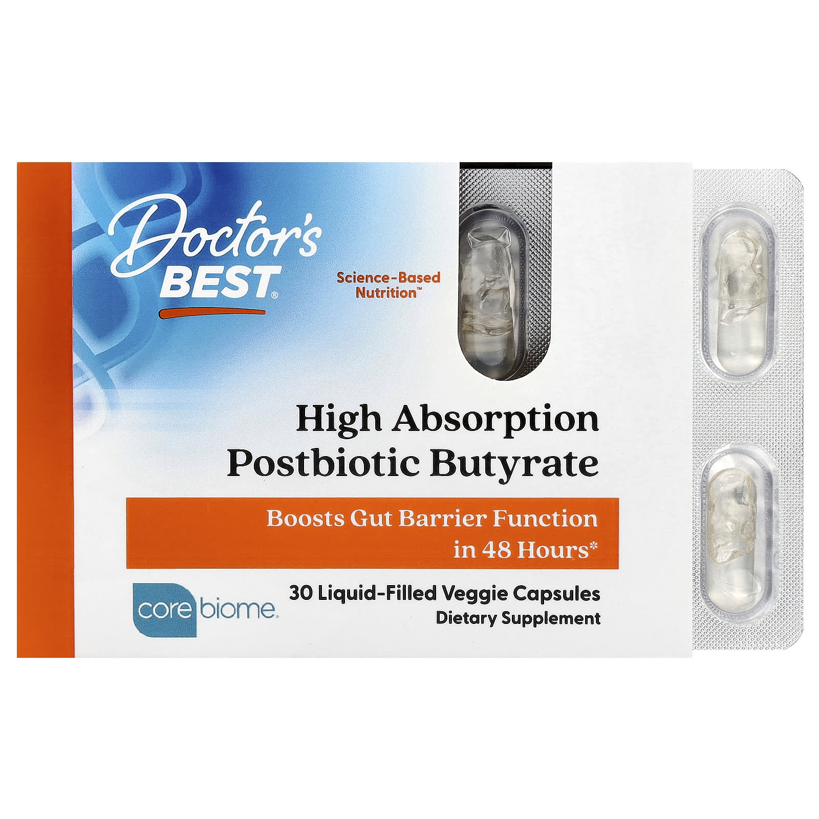 Doctor's Best, High Absorption Postbiotic Butyrate, 30 Liquid-Filled Veggie Capsules (300 mg per Capsule)