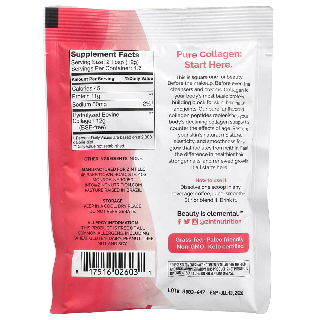 Zint, Pure Grass-Fed Collagen Peptides, Unflavored, 2 oz (56.6 g)