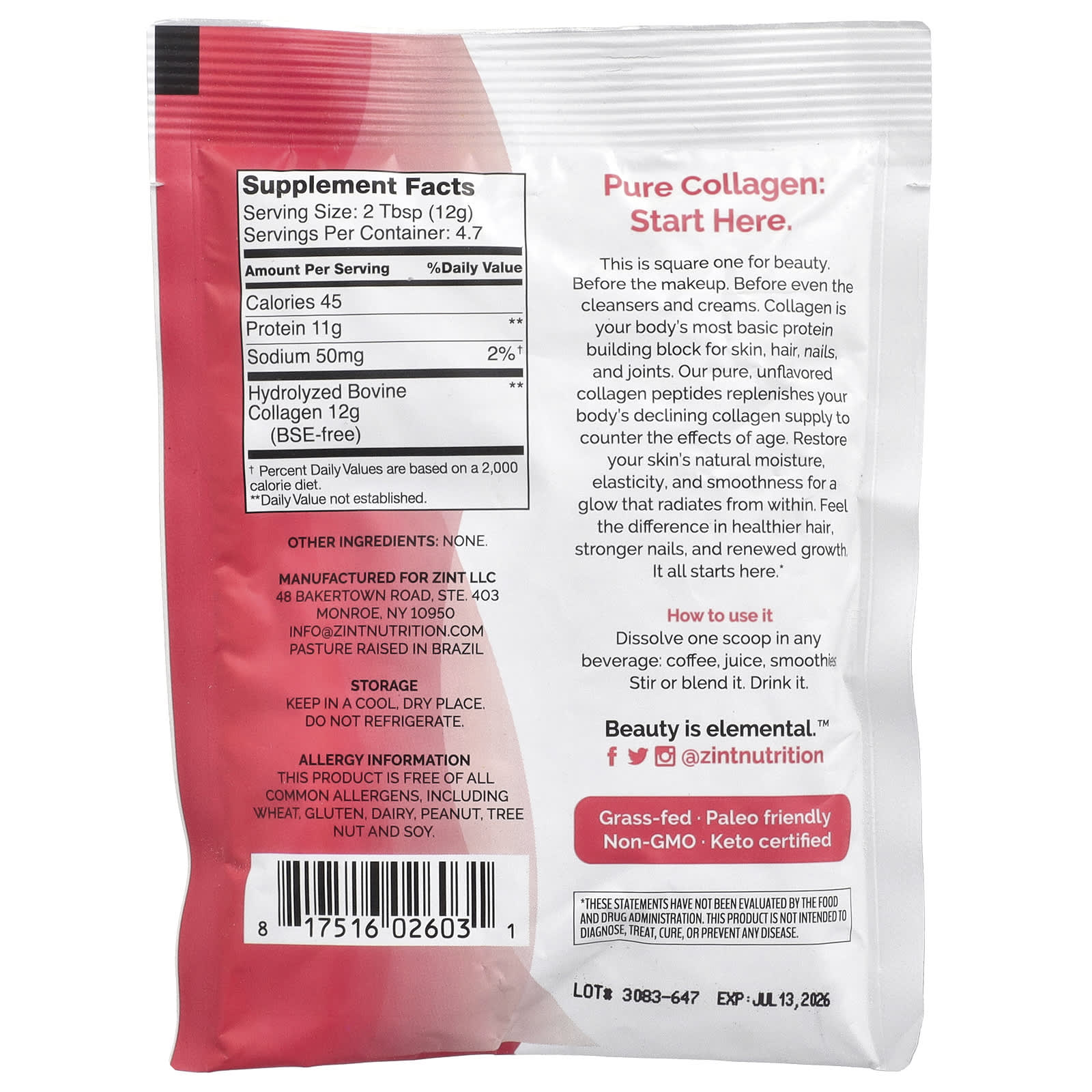 Zint, Pure Grass-Fed Collagen Peptides, Unflavored, 2 oz (56.6 g)