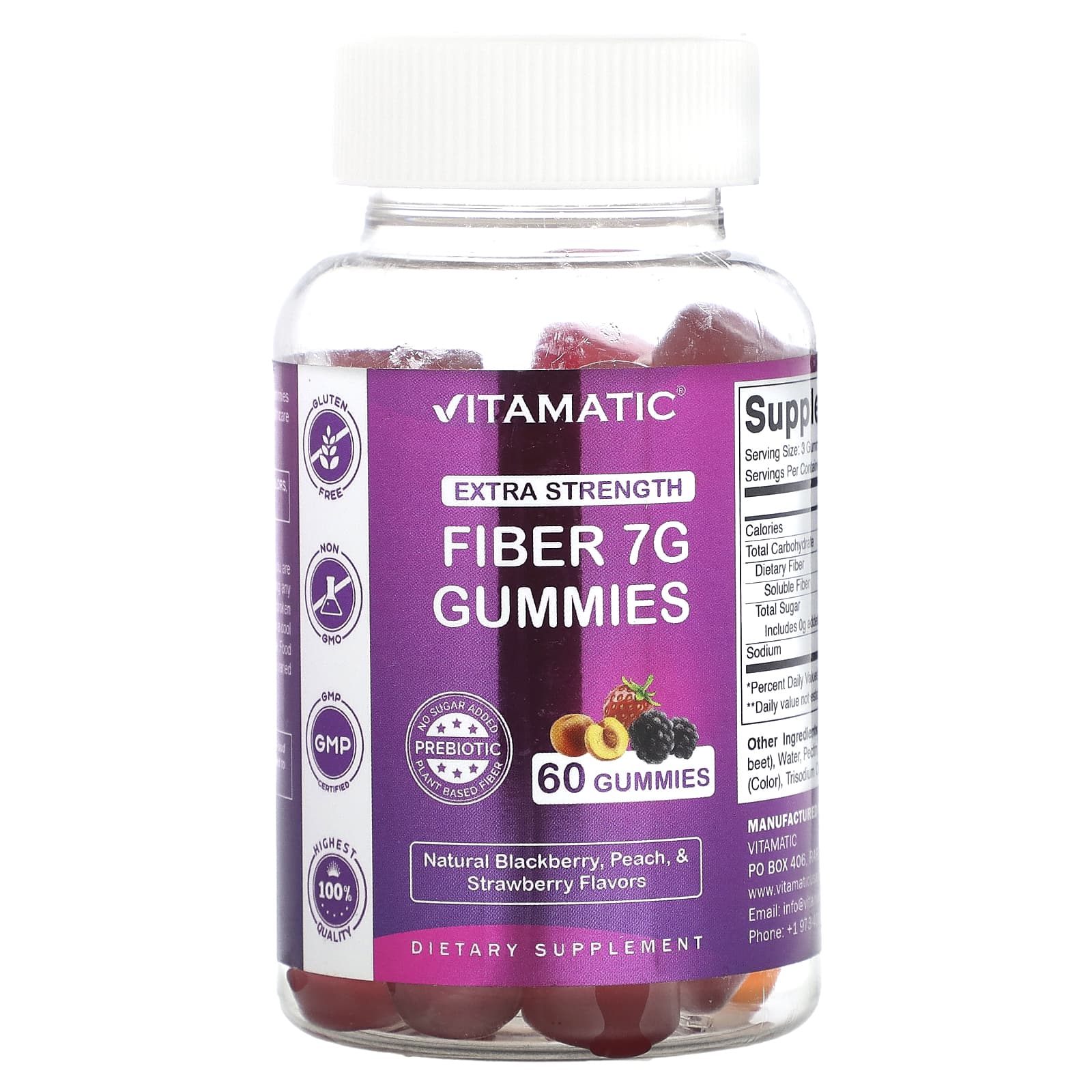 Vitamatic, Fiber Gummies, Natural Blackberry, Peach, & Strawberry, 60 Gummies