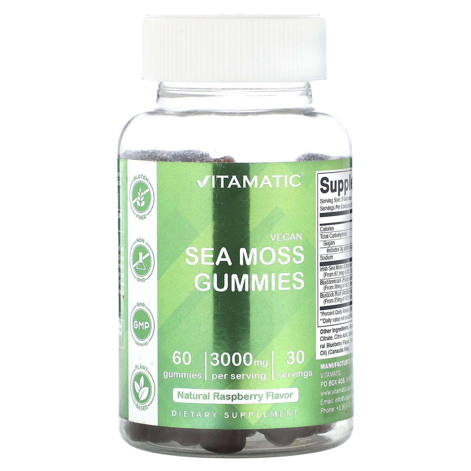 Vitamatic, Vegan Sea Moss Gummies, Natural Raspberry, 60 Gummies