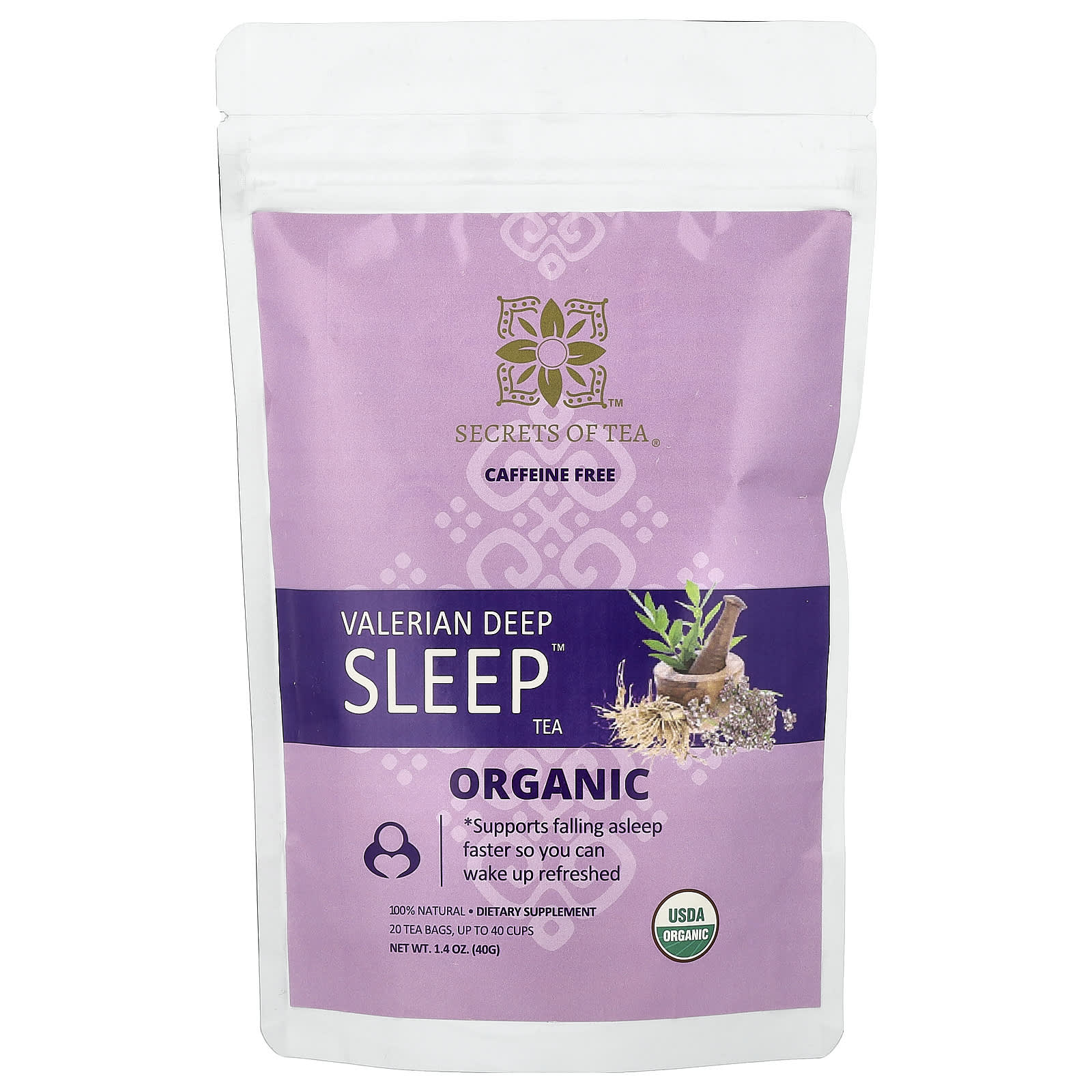 Secrets of Tea, Organic Valerian Deep Sleep™ Tea, Caffeine Free, 20 Tea Bags, 1.4 oz (40 g)