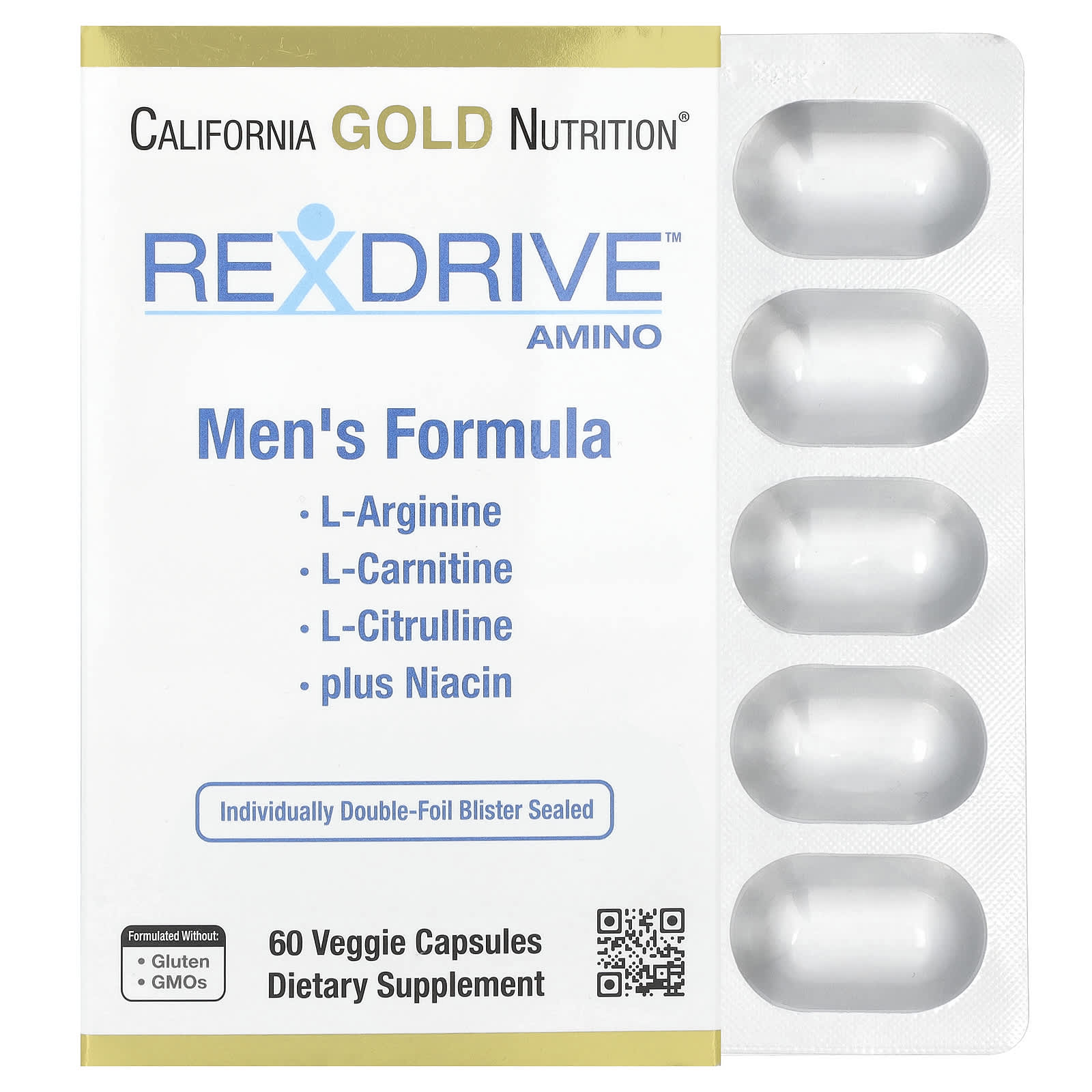 California Gold Nutrition, Rexdrive™ Amino with L-Arginine HCl, L-Citrulline, Acetyl-L-Carnitine Arginate DiHydrochloride, and Glycine Propionyl-L-Carnitine HCl, Men's Formula, 60 Veggie Capsules