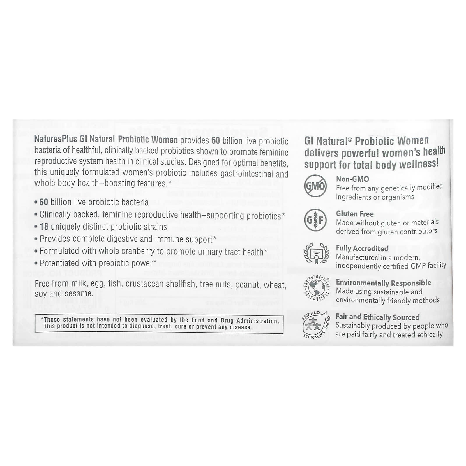 NaturesPlus, GI Natural Probiotic Women, 60 Billion CFU, 30 Capsules