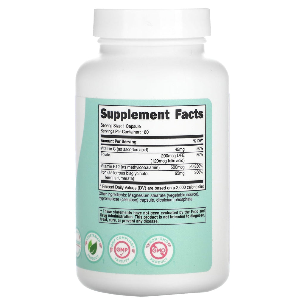 Nutricost, Women, Iron, With Vitamin C, Folate, & Vitamin B12, 180 Capsules