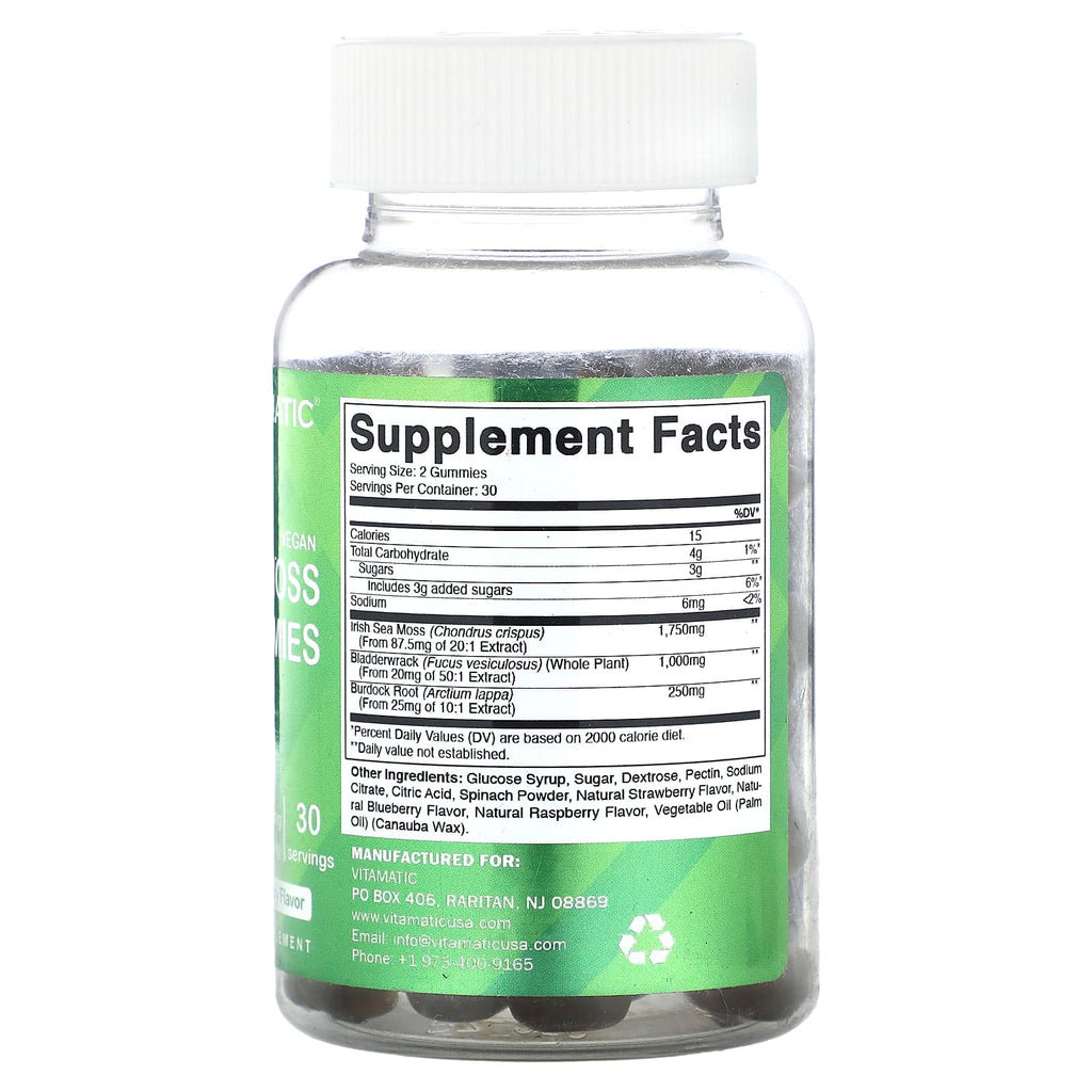 Vitamatic, Vegan Sea Moss Gummies, Natural Raspberry, 60 Gummies