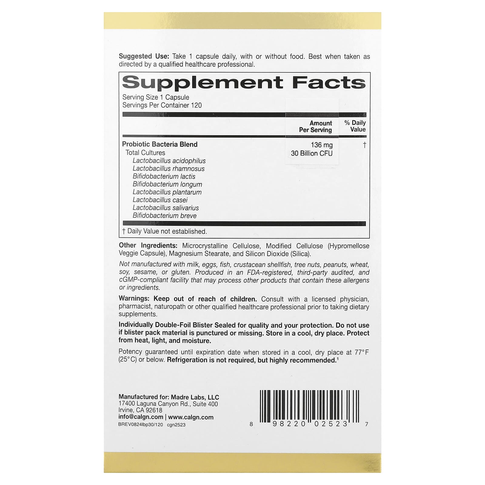 California Gold Nutrition, LactoBif® 30 Probiotics, 30 Billion CFU, 120 Veggie Capsules