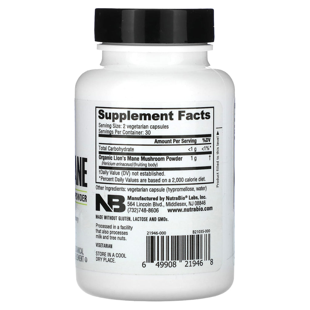 NutraBio, Organic Lions Mane, 60 Capsules (0.5 g per Capsule)